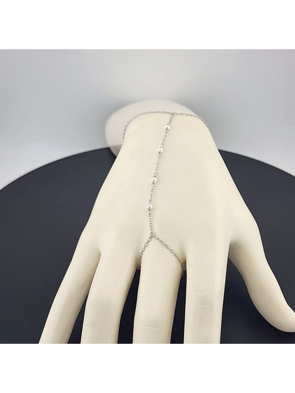 Sterling Silver 925 White Beaded Hand Bracelet with Ring - Picture 2 of 11